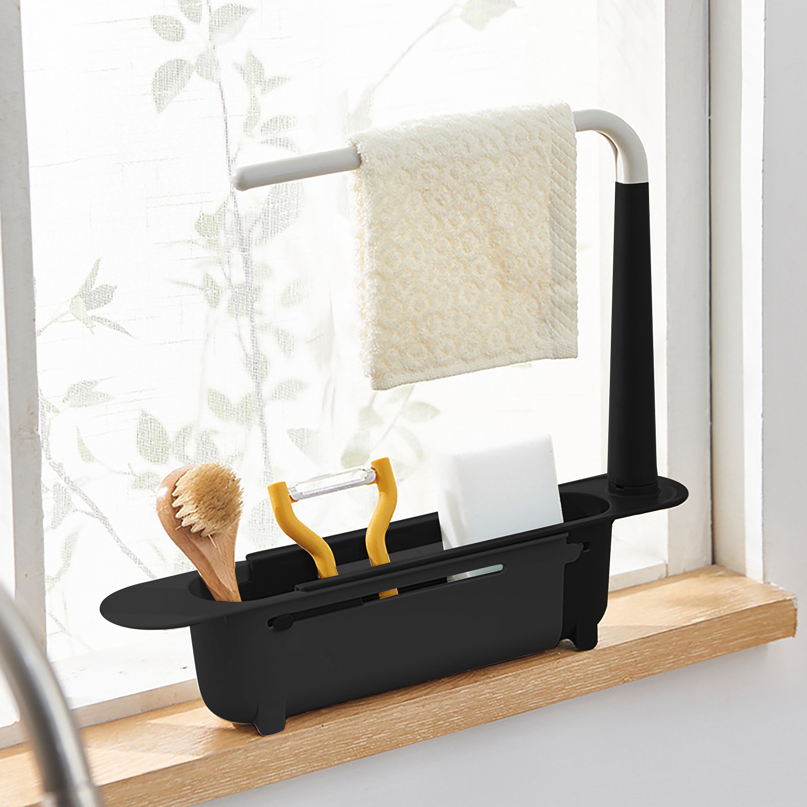 Tech Accessories Organizer - Elescopicシンクの水切り、キッチンオーガナイザー、石鹸スポンジホルダー、タオルラック、収納バスケット、ガジェットアクセサリー
